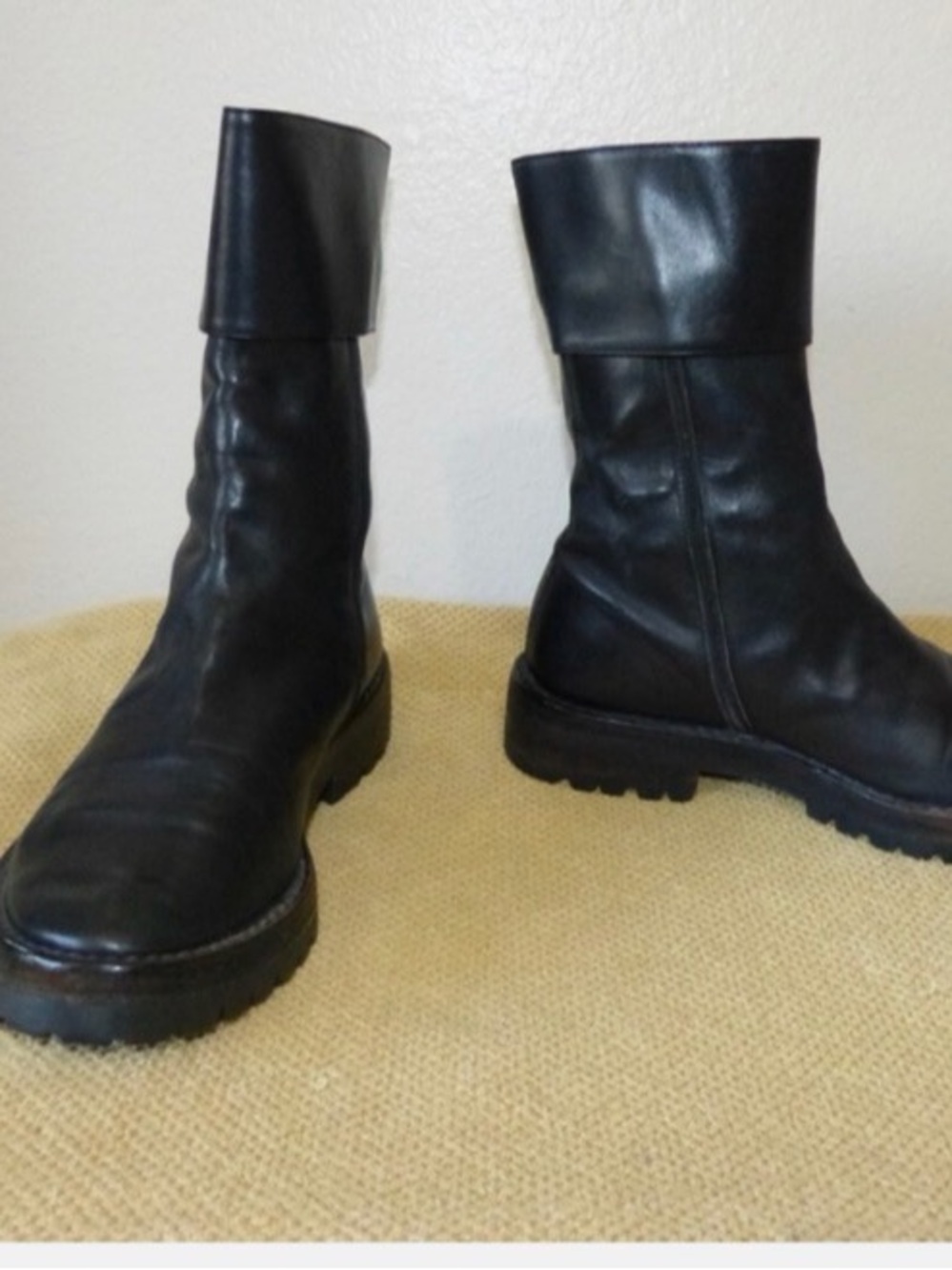 Ann Demeulemeester women’s Black Leather Fold-Top Lug Boots